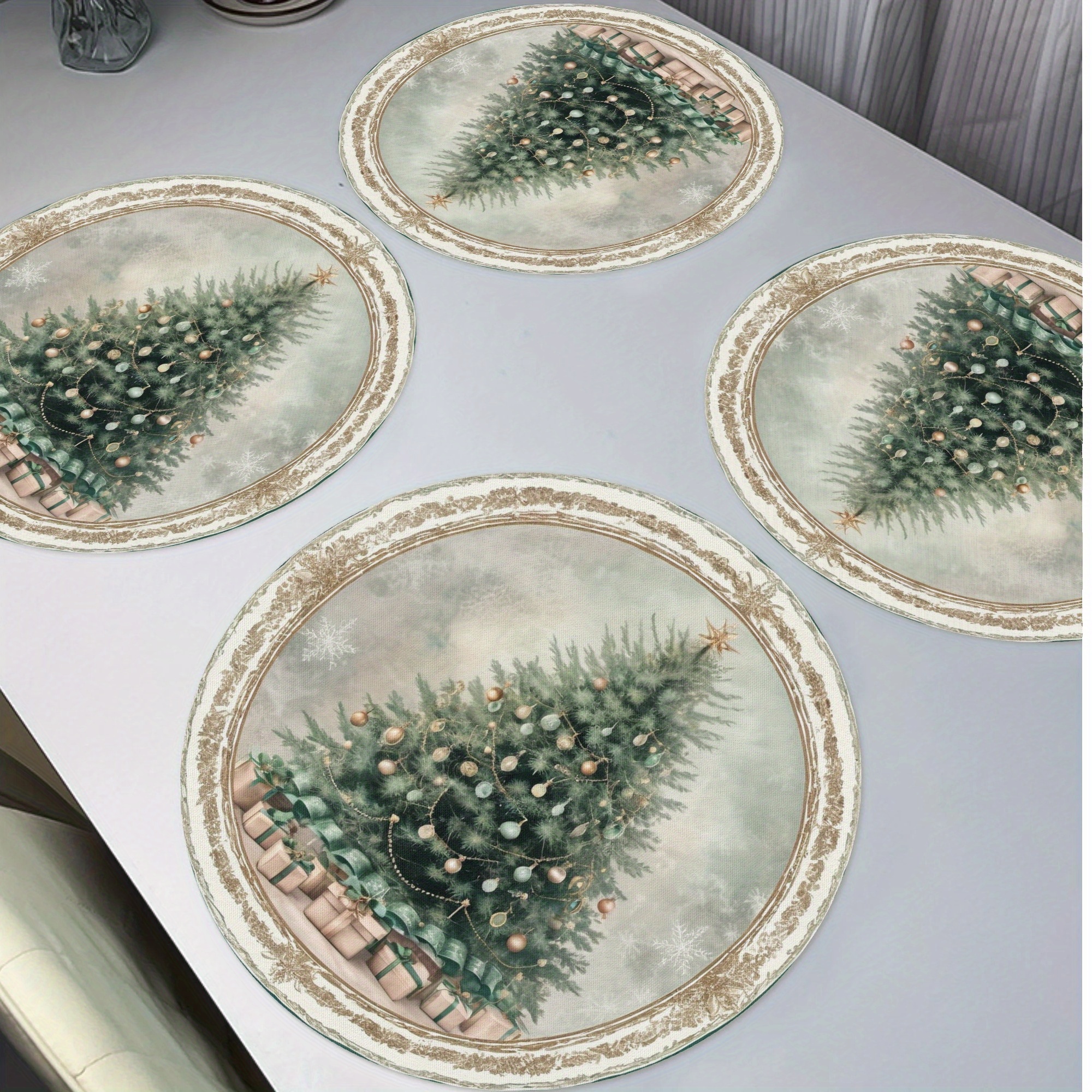 

Festive 4pcs Christmas Placemat Set - Vintage Lace Design, Round Polyester Table Mats For Holiday Dining & Kitchen Decor, 15" Hand Wash Only