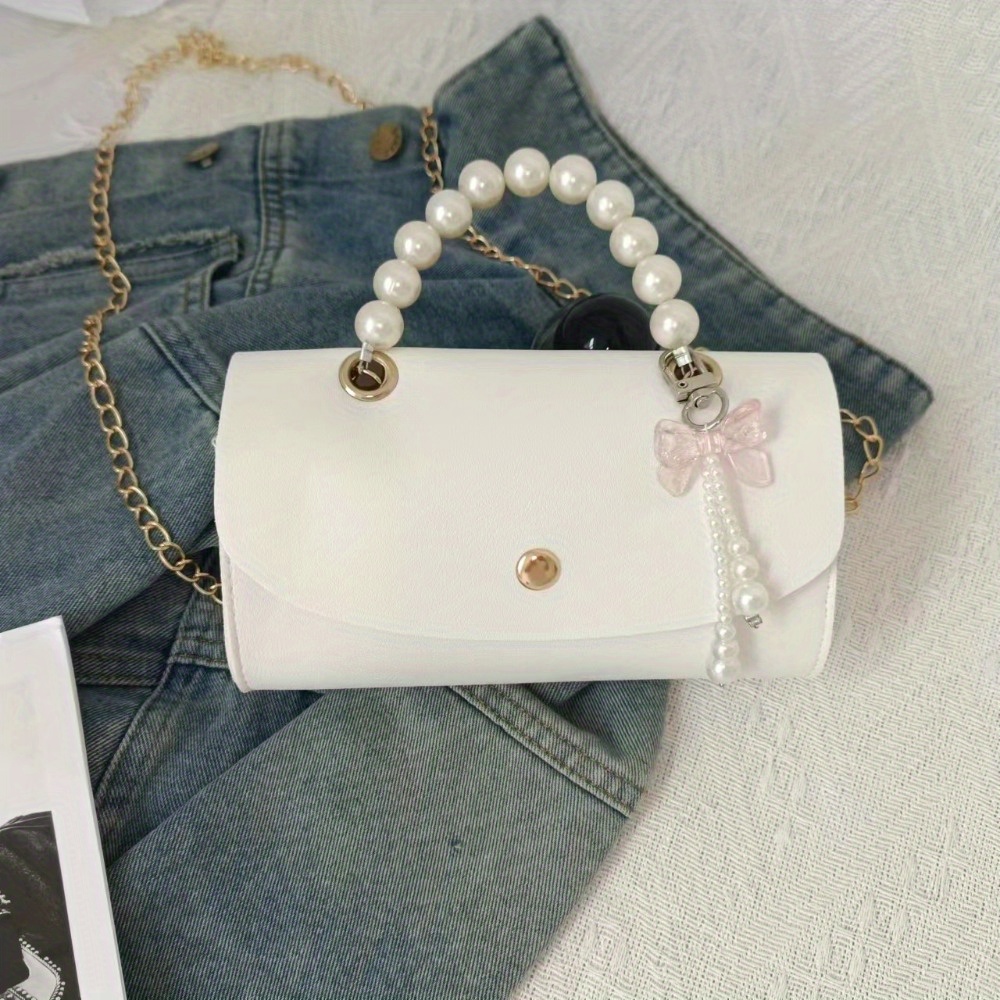 TEMU Chic White Leather Handbag With Detachable & Pearl Charm - Magnetic Closure, Fashionable Shoulder Bag For Women