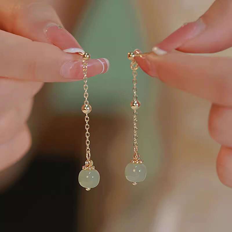 TEMU 1 Pair Of Elegant Imitation Jade Long Pendant 18k Gold Plated Earrings For Parties And Holiday Jewelry Gifts