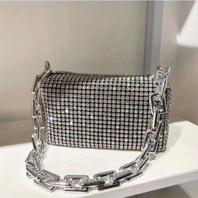 

Chic Black Rhinestone Bucket Bag For Women - Sparkling Chain Crossbody With Zip Closure, Pu Material