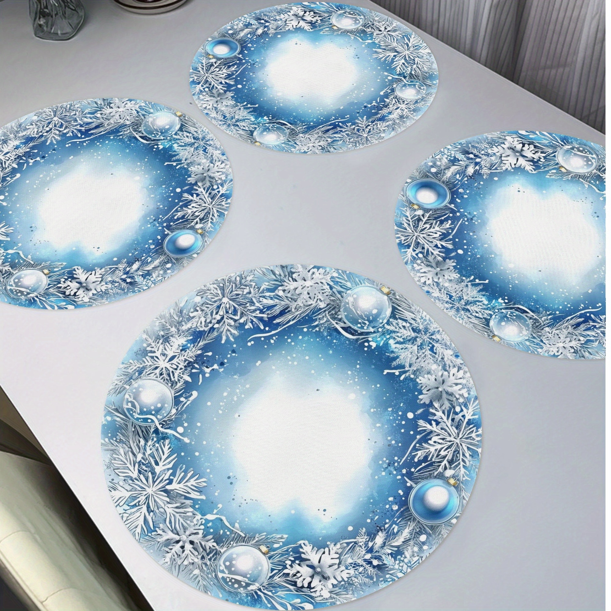 

4pcs Blue Snowflake Wreath Placemats, 15" Round Non-slip Washable Christmas Ornaments Table Mats For Home Decor, Daily Banquet Party Dining Table Decoration