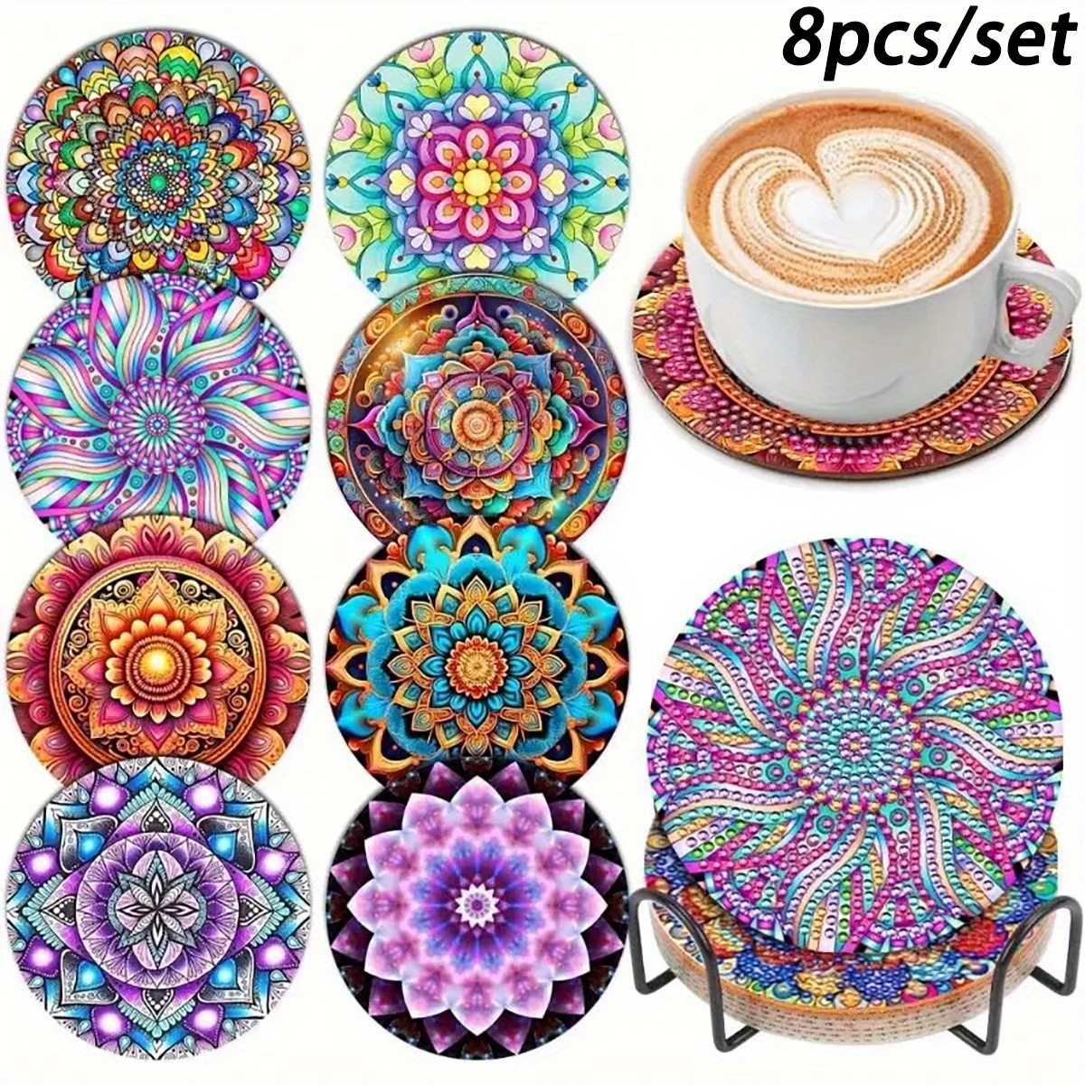 

8pcs Vibrant Mandala & Gemstone Design Coaster Set With Holder - Sparkling , Heat-resistant Acrylic/wood Drink Mats, Diy Craft Kit For Beginners & Adults, Ideal Gift, Gemstones For Crafts