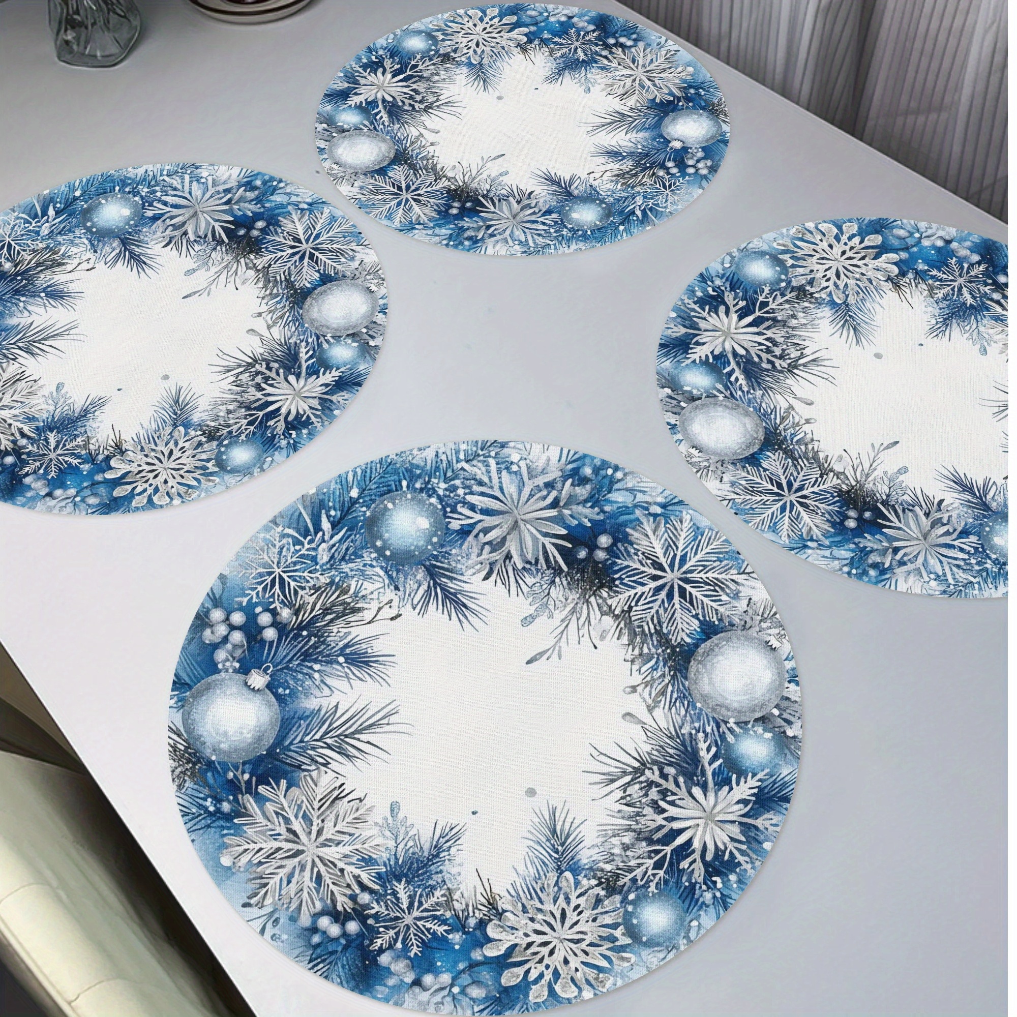 

Christmas Wreath Placemats 4-pack, Round Polyester Table Mats With Snowflake & Ornament Design, Non-slip, Hand Washable, Woven For , Banquet, Party Dining Decor - 15