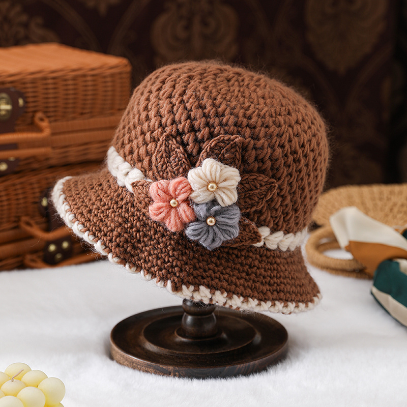 

[customer ] Seasonal Splendor, Chic Winter Knit Bucket Hat For Women - , Warm & Stylish With Floral Accents, Middle-aged & Elderly