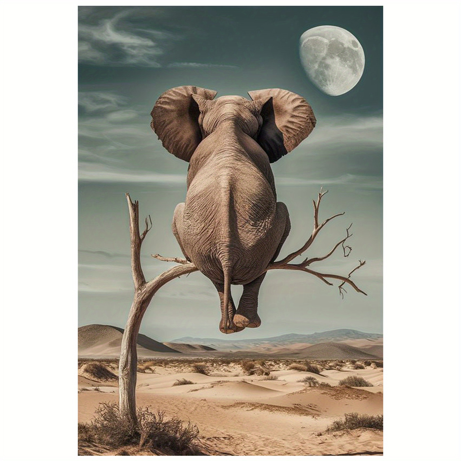Elephant & Moon Canvas Art Poster - Surreal Desert Scene, Unframed Wall Decor, 12x18 Inches