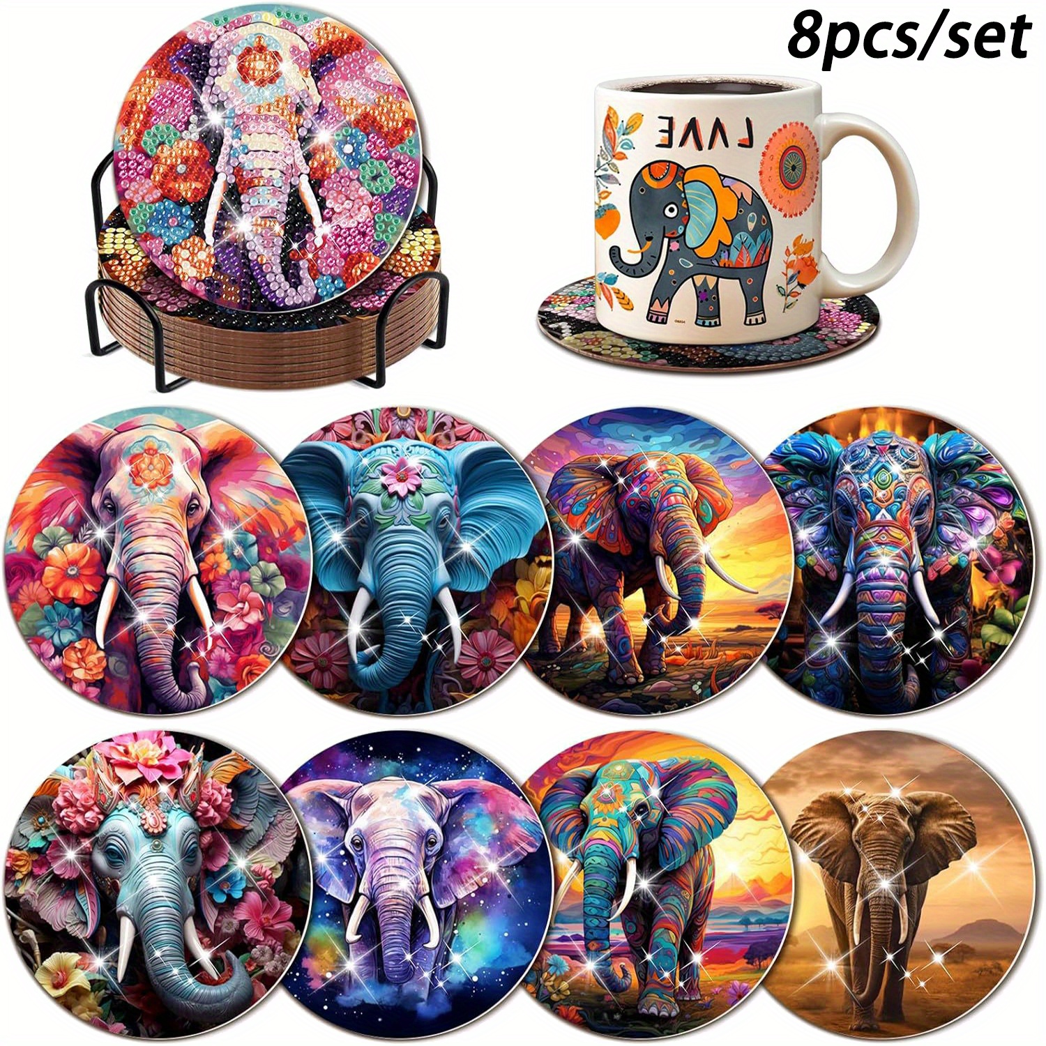 

8pcs Elephant Diamond Painting Coaster Set - Sparkling, Heat-resistant Acrylic/wood Drink Mats With Holder, Vibrant & For All Beverages, Ideal Diy Craft Gift For Beginners & Adults, Elephant Decor