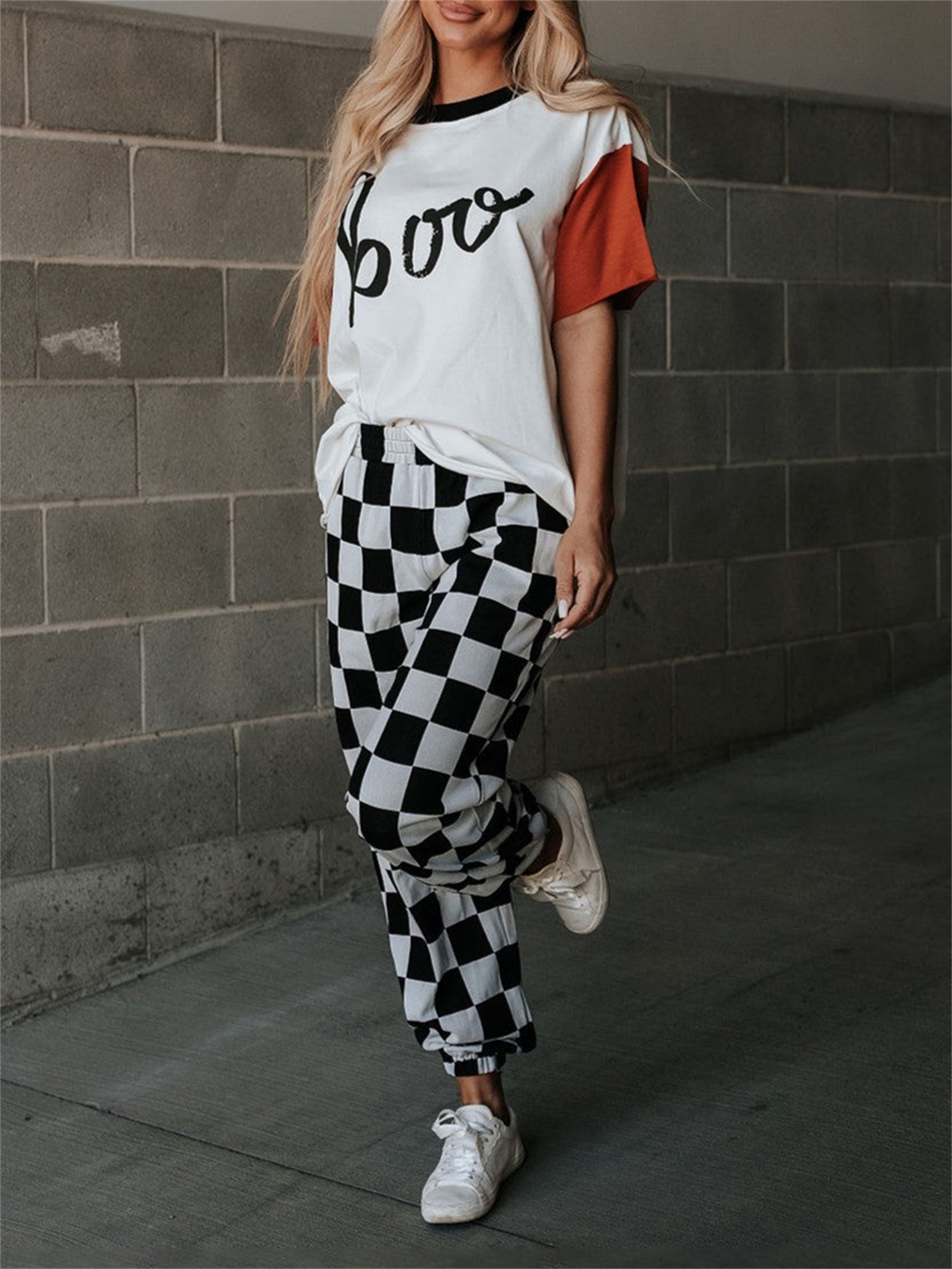 Women's Classic Checkered Jogger Pants Black White Polyester, Elastic  Ankle Band Hand or Only, Casual, Pla