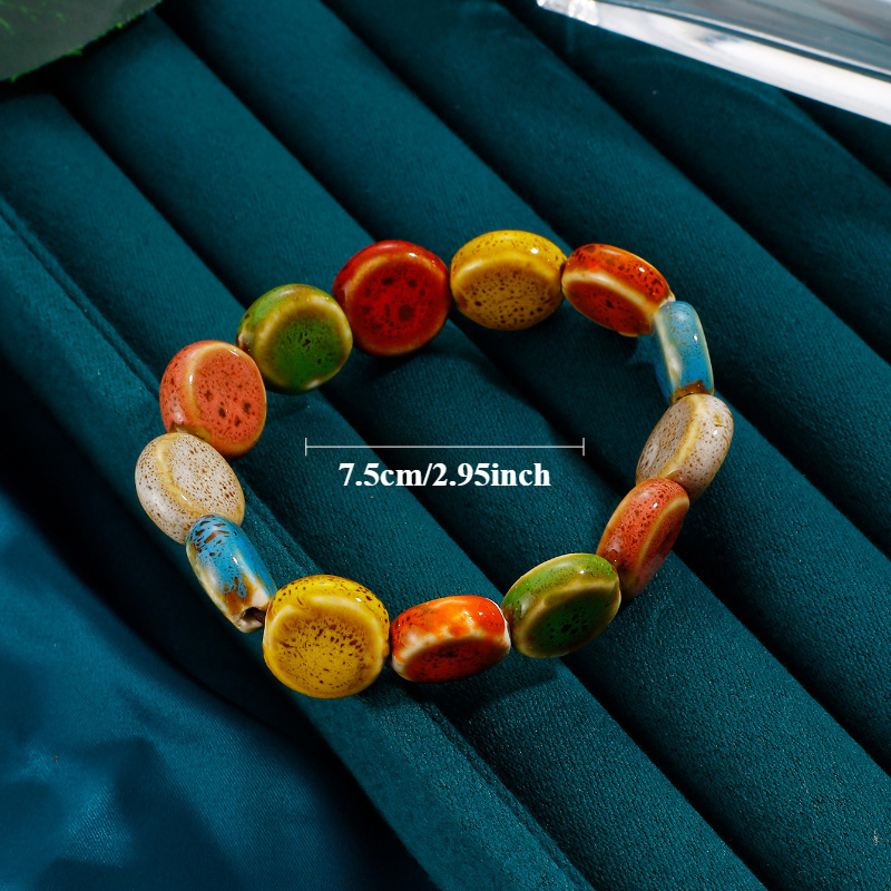 Image of 1pc Bohemian Ceramic Bead Flat Bracelet - Ethnic Handmade Jewelry For Women, Lightweight Casual Attire, Casual & Formal Events