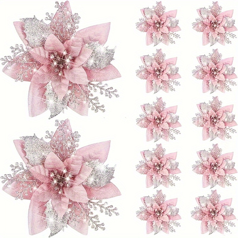 10pcs Set Pink Glitter Christmas Flower- Decoration