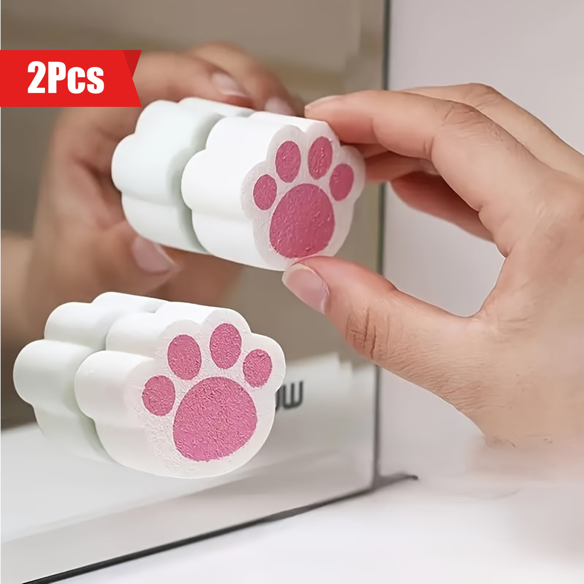 2pcs Adorable Cat Paw Mirror Cleaning Sponges - Portable, No Power Needed for Bathroom &amp; Kitchen Glass Stain Removal