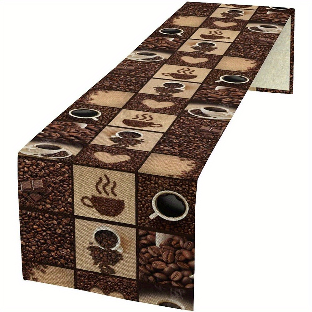 

1pc Coffee-themed Polyester Table Runner, Coffee Cup And Bean Abstract Heart Print, 13 X 72 Inch, And Washable, With For Seasonal Kitchen Decor, Outdoor , And Makeovers