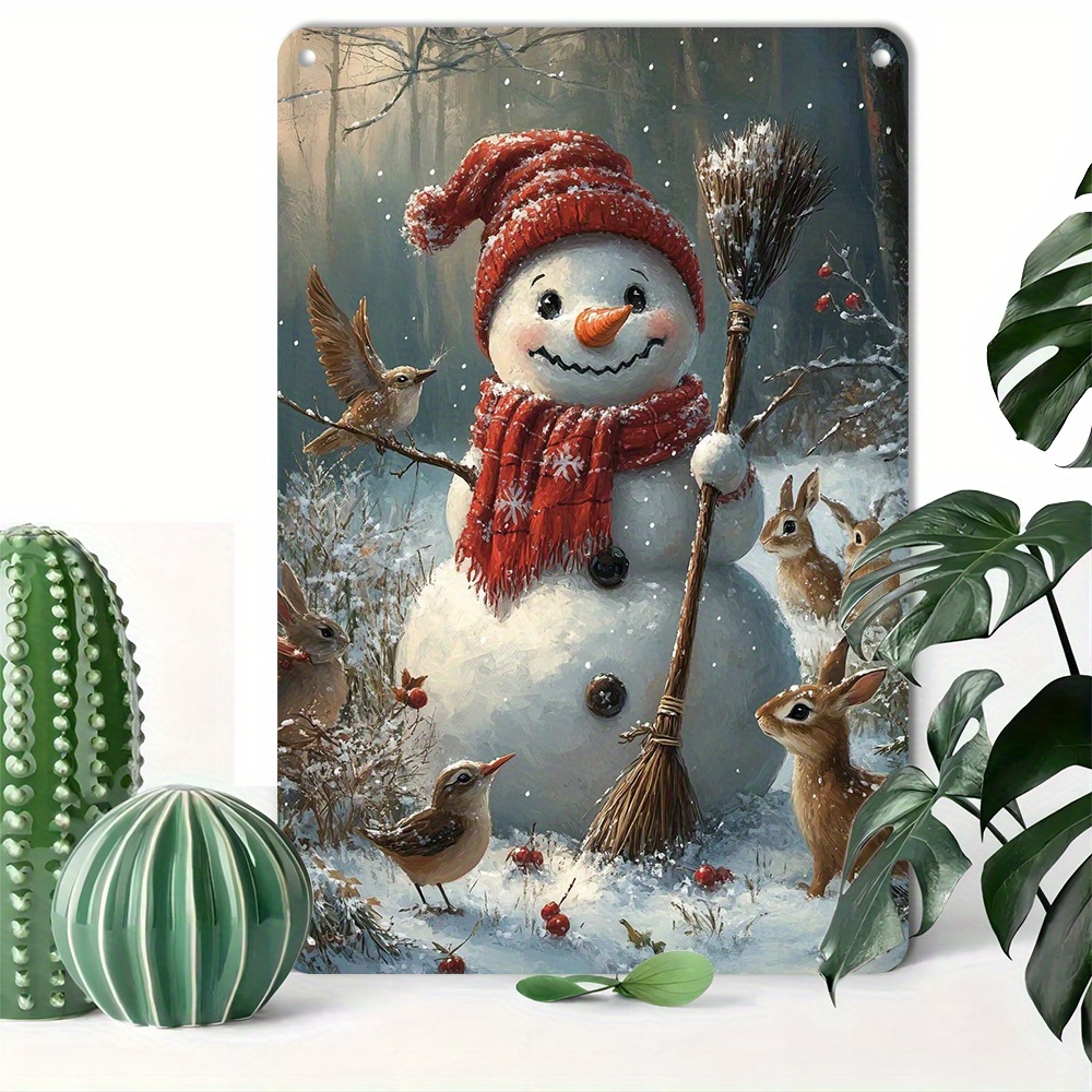 

1pc Tin Sign Snowman Retro Aluminum Metal Sign With & Rabbit - , Reusable, Wall Hanging Plaque - Mixed Color - 8x12inch/20*30cm For Home & Bar Decor