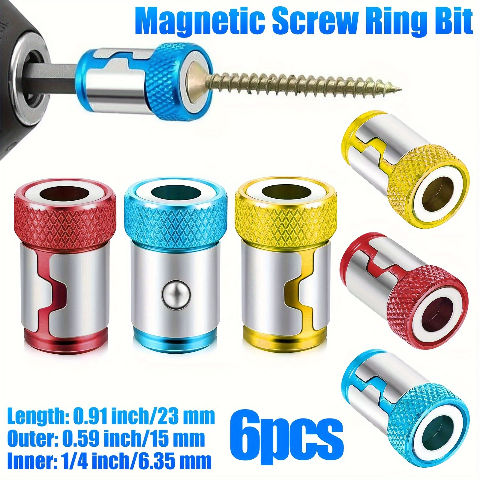 

6pcs Magnetic Drill Holder Set, Non-slip Alloy Electromagnetic Ring Screwdriver Head, For 1/4" Hex Screwdriver