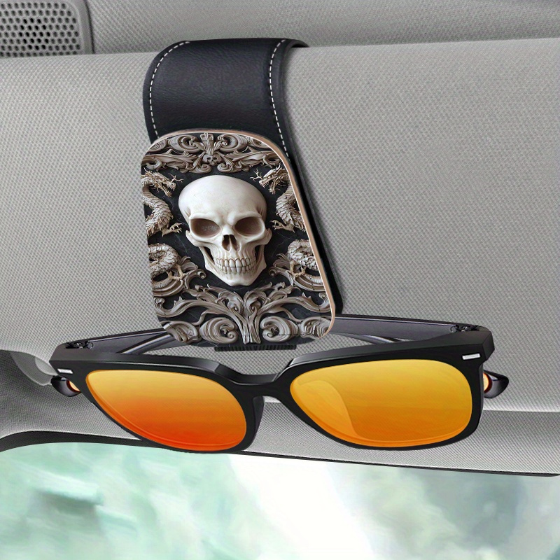 E-shop 1 Stück Gothic Schädel & Drache Magnetischer Sonnenblendenhalter fürs Auto mit Beschädigungsfreier Montage - Hochwertiger PU-Brillen-, Handy-,