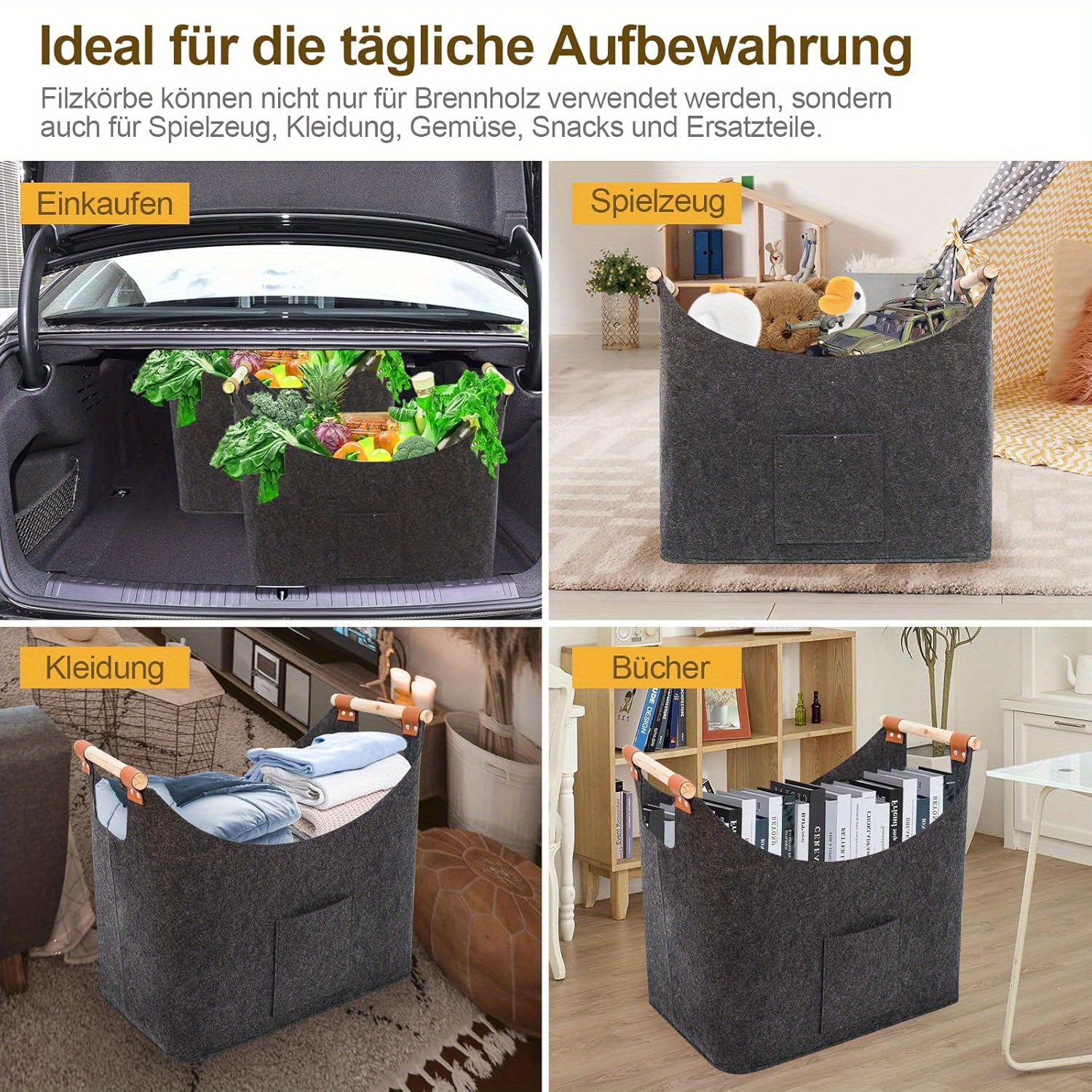 two pack extra thick felt firewood baskets with reinforced handles foldable felt pouch as a storage basket for wood newspapers shopping and firewood 45 x 32 x  cm   x   x  cm dark grey details 1