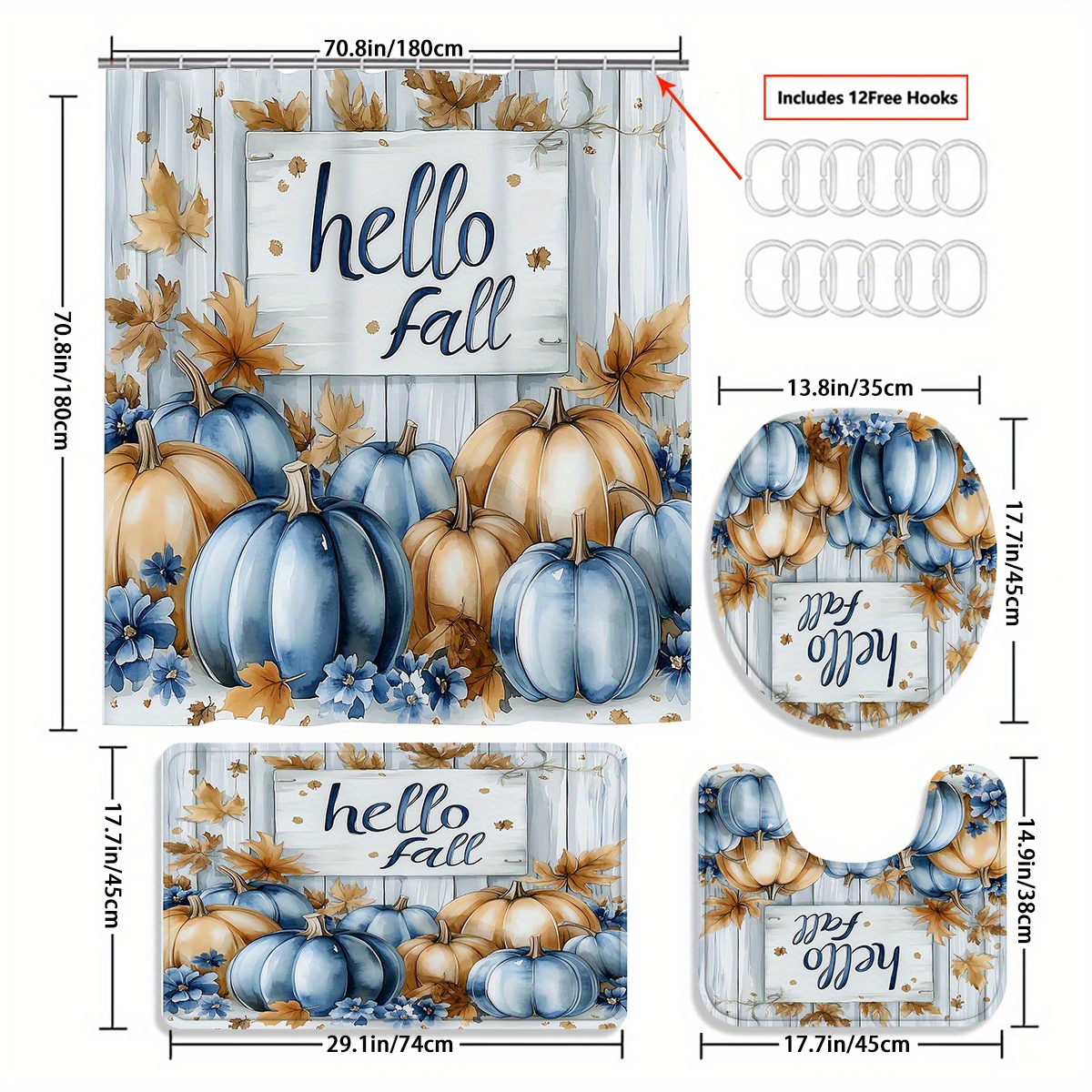 TEMU Set Of 4 Thanksgiving-themed Shower Curtains Featuring Pumpkins, , And Flowers, Designed For Bathroom Use. This Decoration Kit Includes A Wooden, A Toilet Seat Cover, And An Anti-slip U-shaped