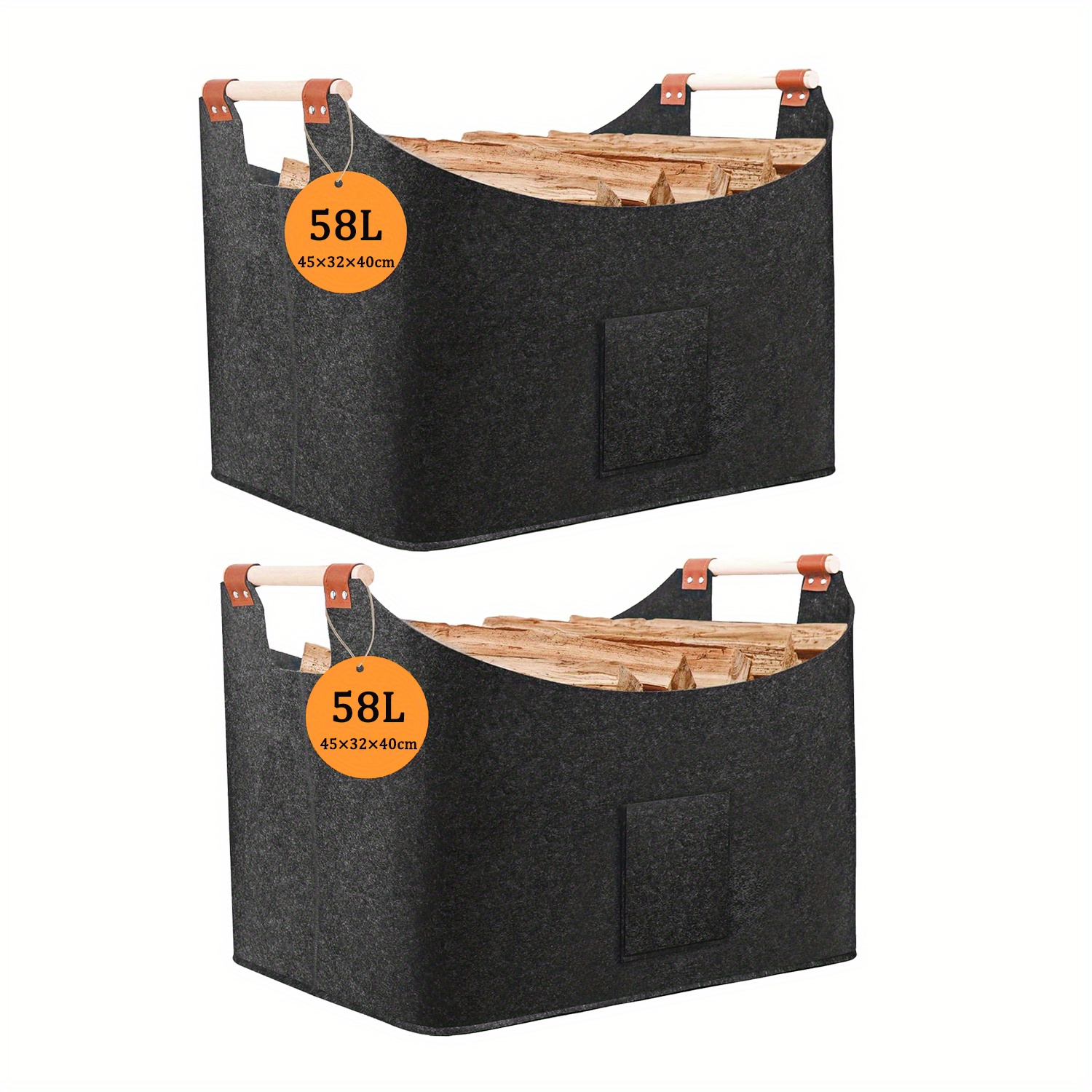 two pack extra thick felt firewood baskets with reinforced handles foldable felt pouch as a storage basket for wood newspapers shopping and firewood 45 x 32 x  cm   x   x  cm dark grey details 0