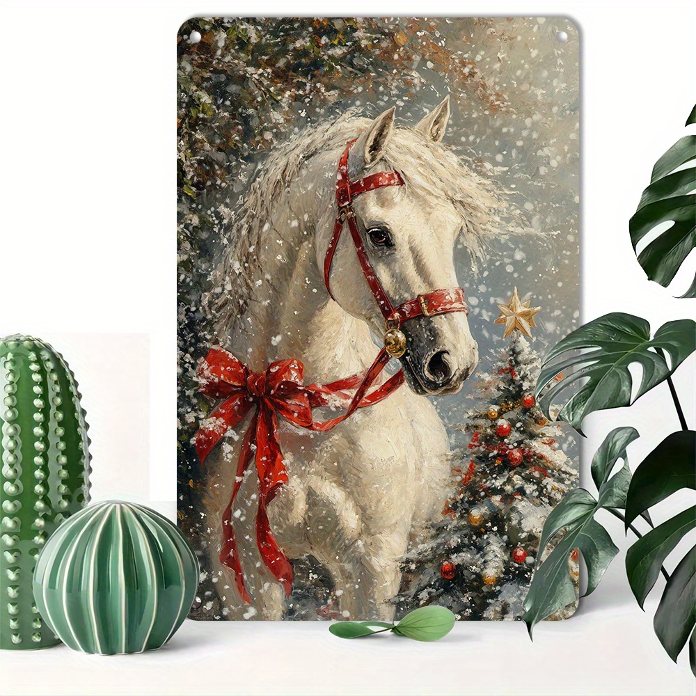 

Santa & Horse Christmas Metal Wall Sign - 8x12" Retro Aluminum Decor, , Perfect Gift For Holidays, 2d, Room Decor