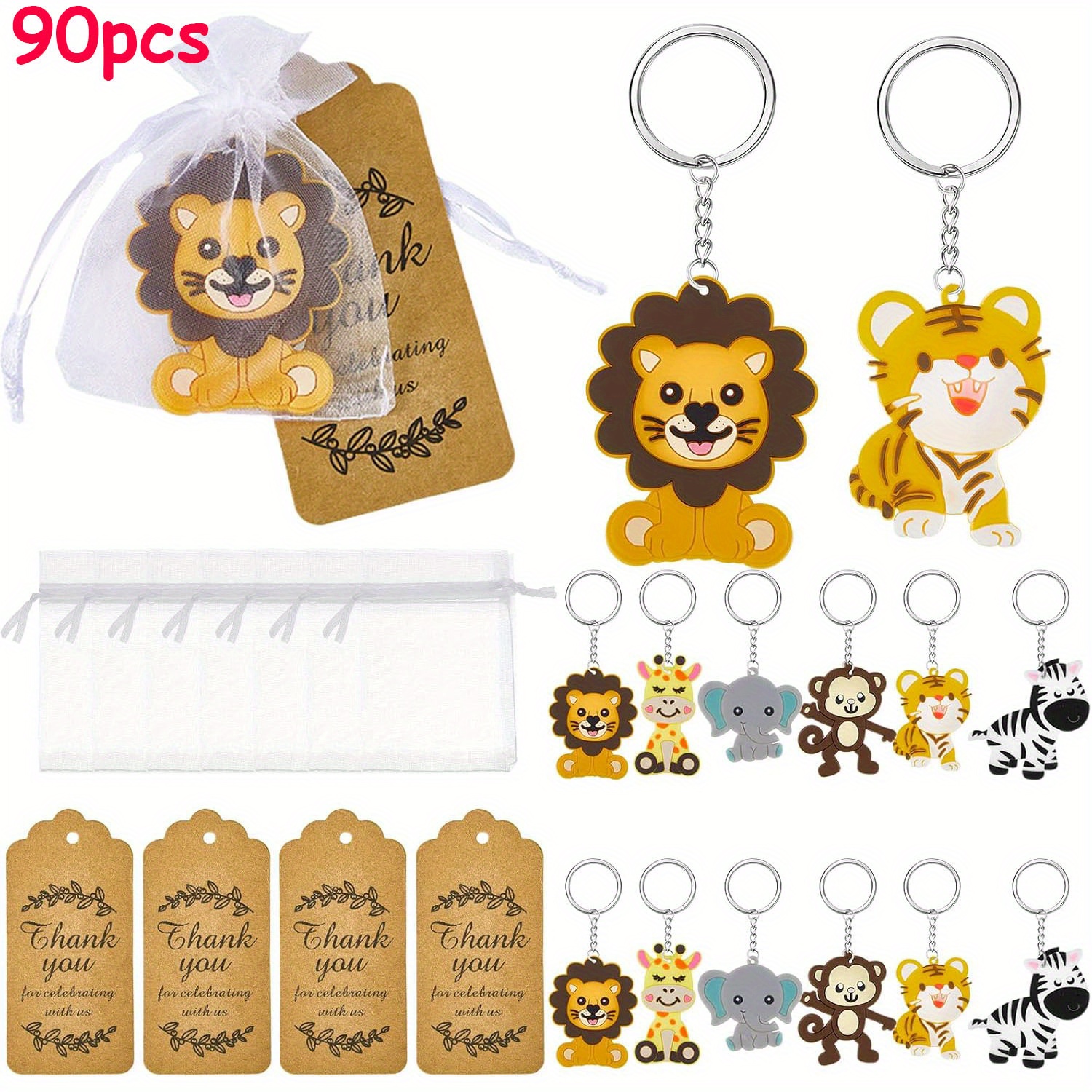 

90pcs Animal Keychain Set With Thank You Tags & Organza Bags - Cute Animals Party Favors For Showers,