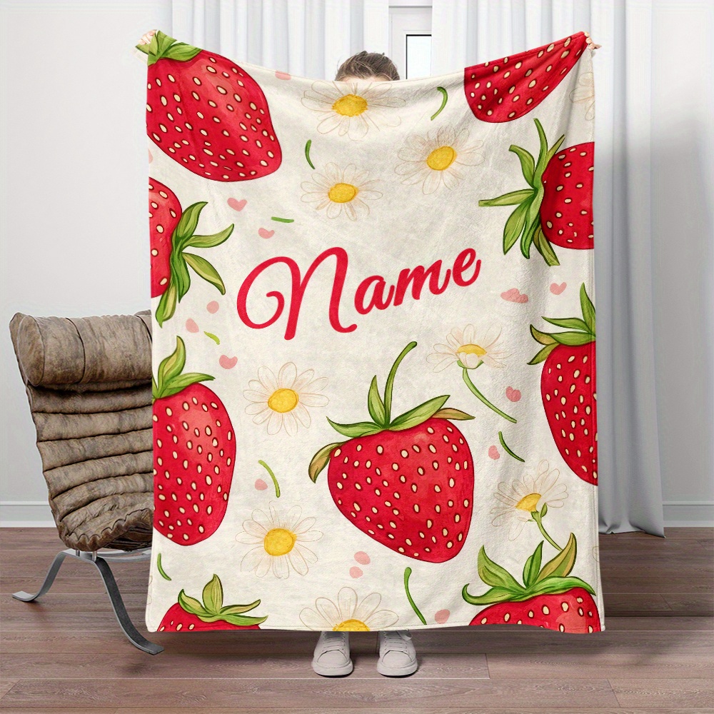 

Custom Name Strawberry Flannel Throw Blanket - Soft, Lightweight & Warm For Couch, Bed, Travel & Camping - Personalized Digital