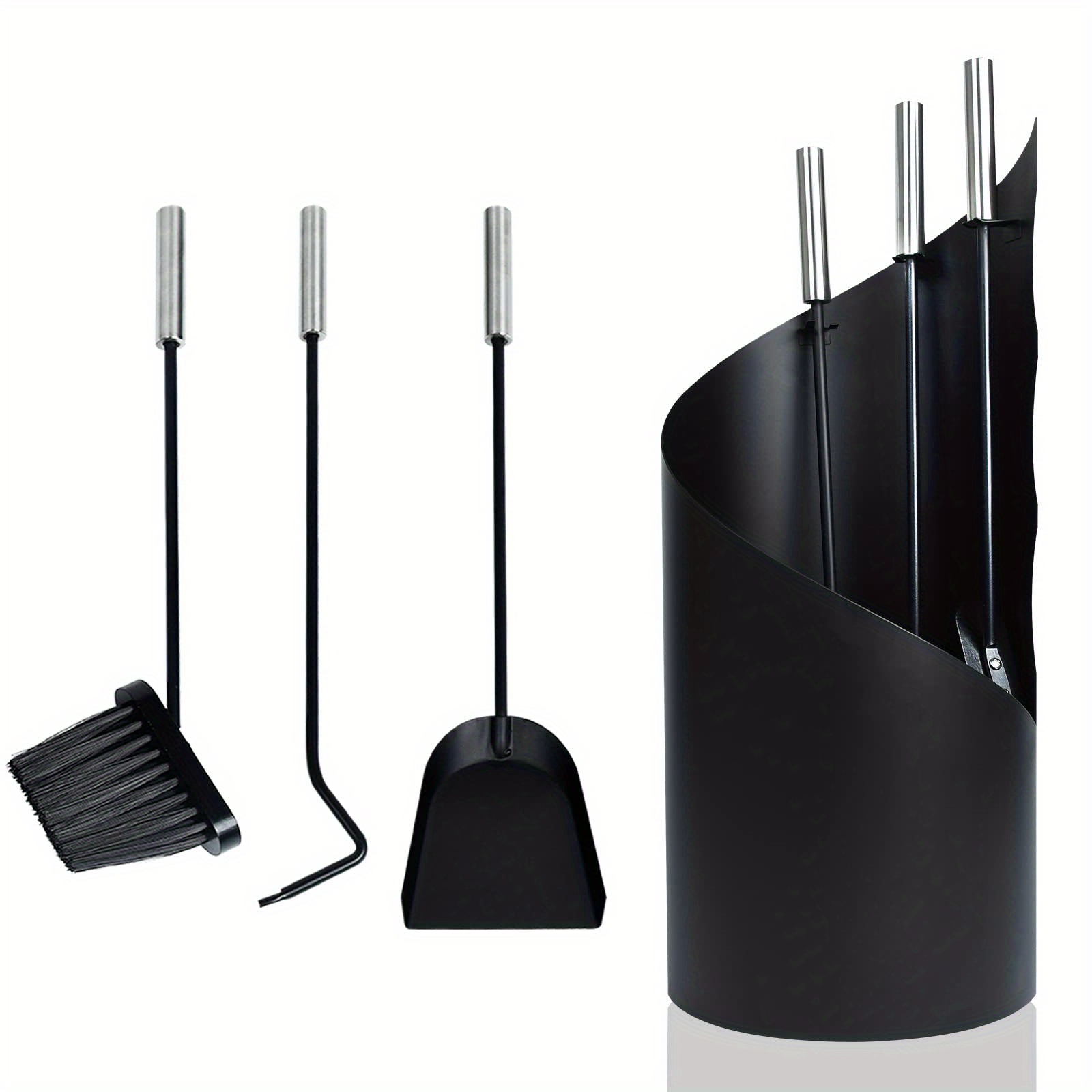 TEMU Modern Stainless Steel Fireplace Set, 4-piece Fireplace Set With Stand, Broom, , Ash Shovel, Oven Cutlery With Stainless Steel Handles, Black