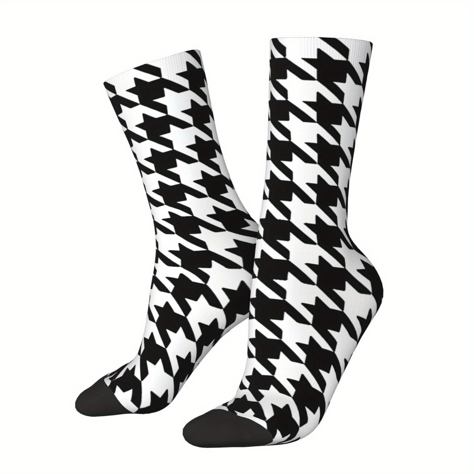 

1 Pair Men's Crew Socks - Elegant Black & White Pattern, Retro Style, Novelty , Polyester , Hand Wash Recommended, Cute Socks