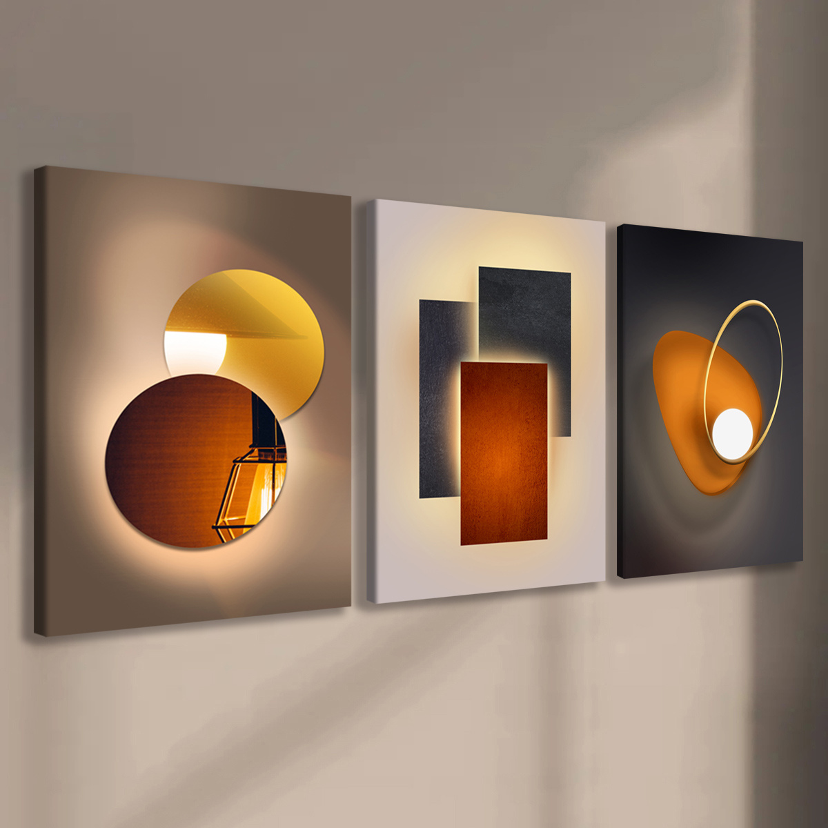 TEMU 3pièces Impression d'art moderne sur toile - Décoration murale géométrique avec des d'éclairage chauds, cadre en bois, imperméable et odeur,