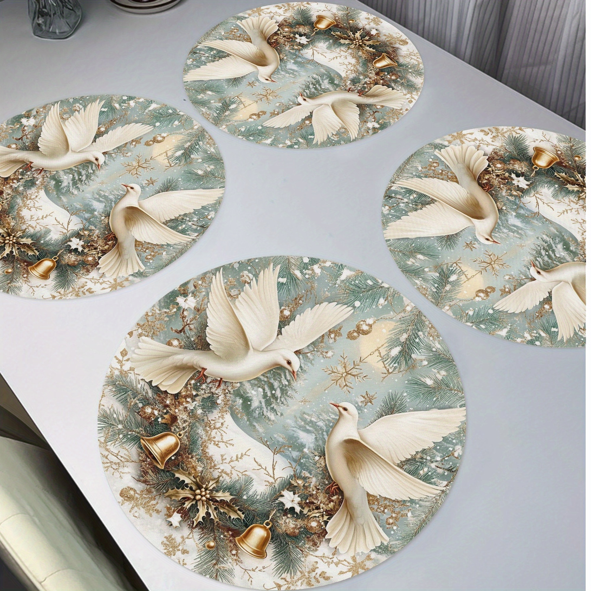 

4pcs Christmas Wreath Placemats, Pigeons Winter Round Table Mats For Home Decor Non-slip Washable Place Mats For Daily Banquet Party Dining Table Decoration 15