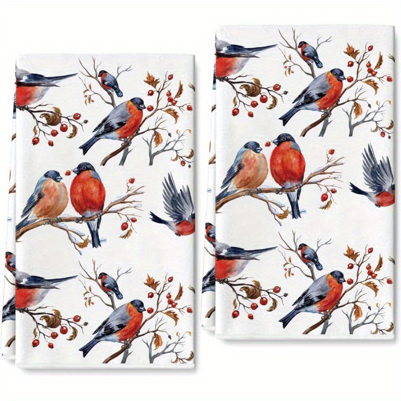 

2pcs Vintage Winter Towels - Birds On Design, 100% Polyester, Machine Washable, Ideal For Christmas Decor & Use, 18x26 Inches