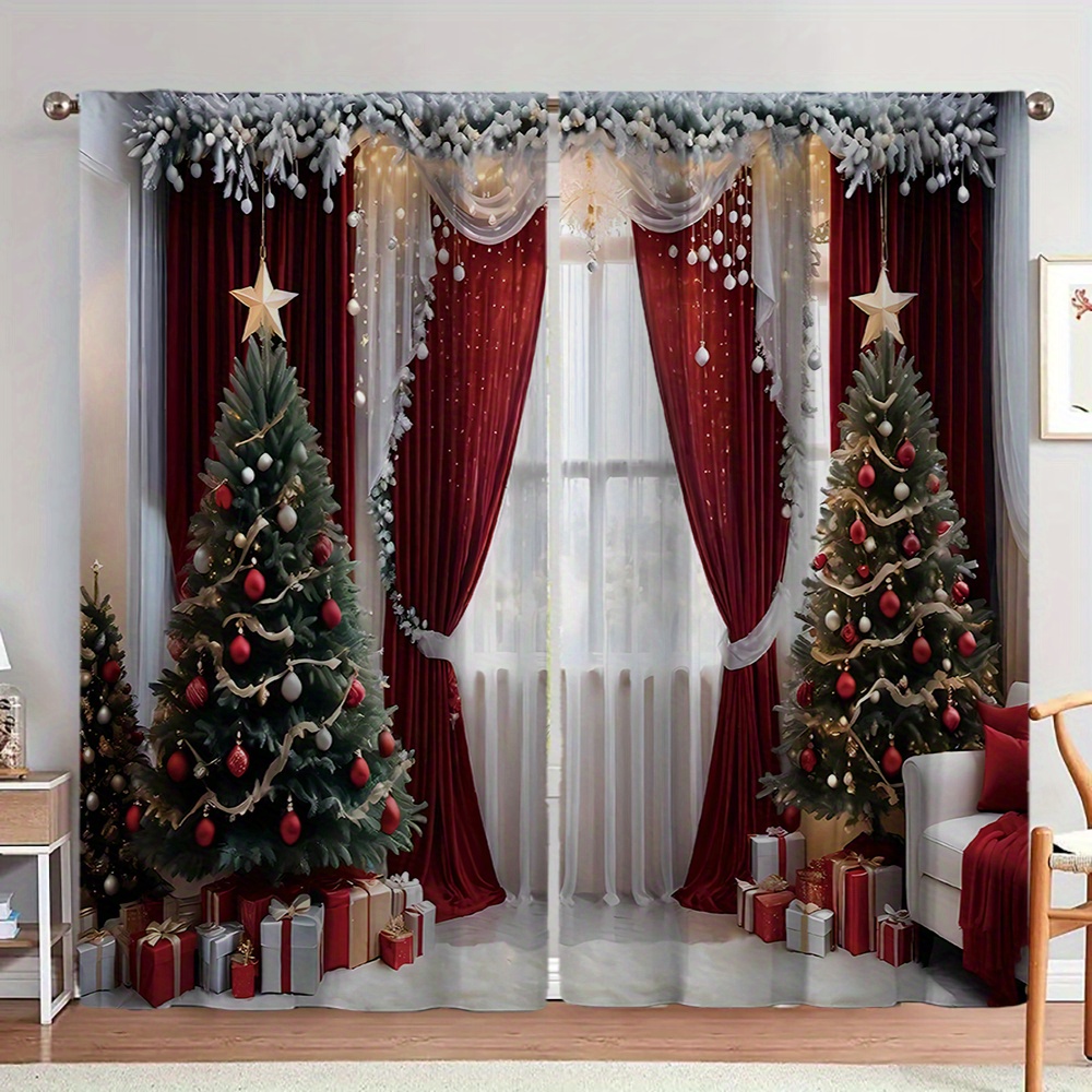 

2pcs Set 3d Christmas Tree Curtains - For , , & | Polyester Drapes, Christmas Decor