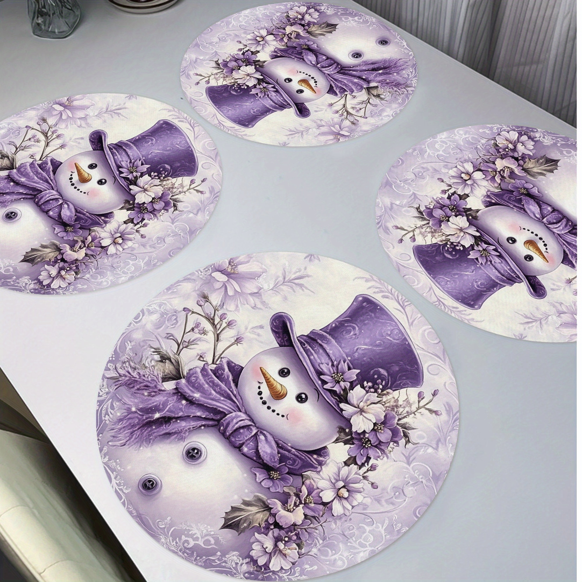 

4pcs Merry Christmas Snowman Round Placemats Set Of 4, Winter Table Mats Place Mats 15" For Party Kitchen Dining Decoration Decor