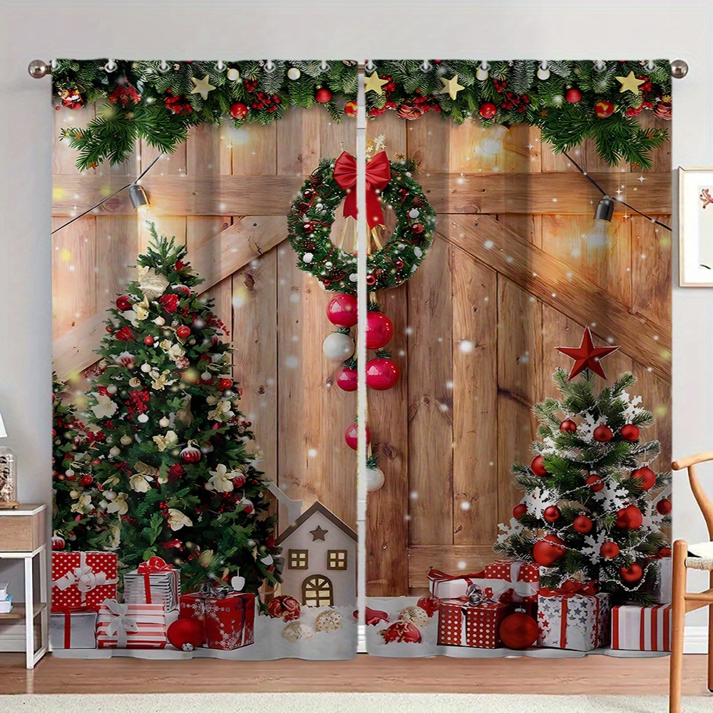 

2pcs Set Christmas Curtains Wreath & - For , , Decor | Polyester Drapes, Christmas Decor