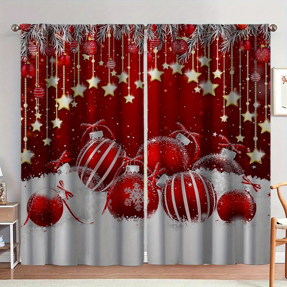 

2pcs Set Christmas Curtains With Star & Ball Design - Living Room, Bedroom, Office, Kitchen Decor | Machine Washable Polyester Holiday Drapes, Christmas Decor