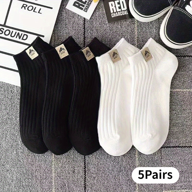 5 Pairs Of Black And White Solid Color Ankle Socks, Casual Socks, Comfortable Striped Knitted Fabric, Breathable And Sweat Absorbing