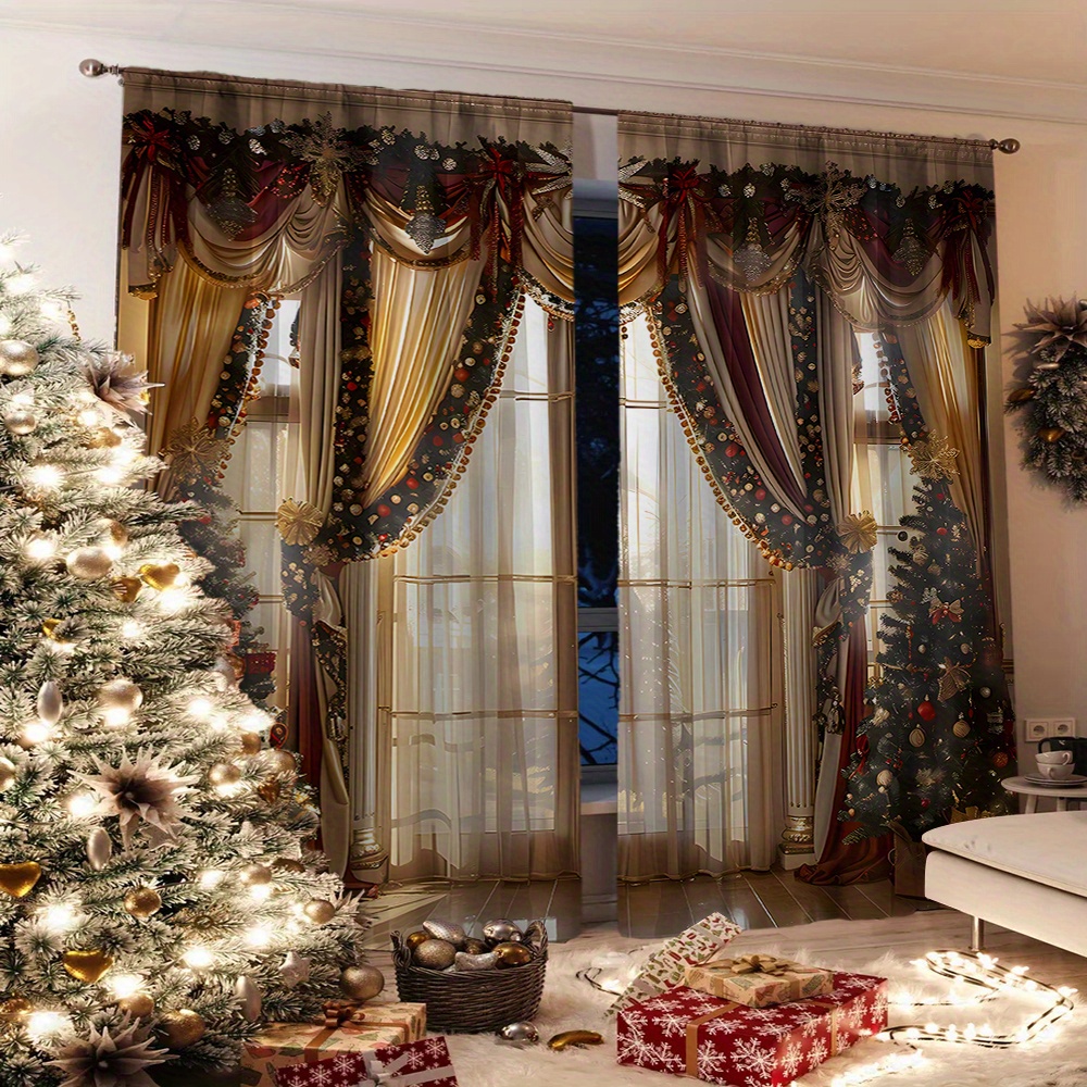 

2pcs Christmas Curtains, Jit, 3d Printed, Decor, Polyester, , , For , , , - Accessories