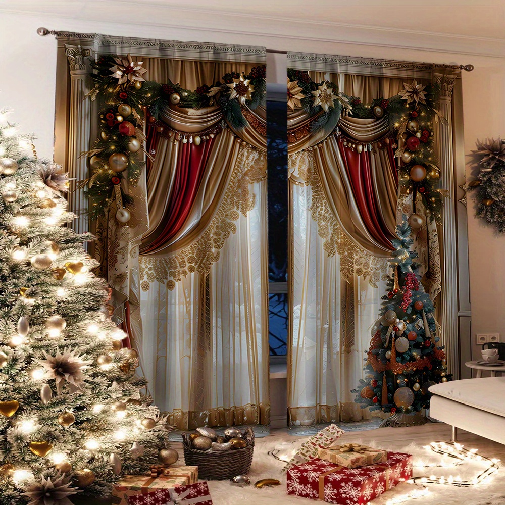 

2pcs Christmas Curtains, Jit, 3d Printed, Decor, Polyester, , , For , , , - Accessories