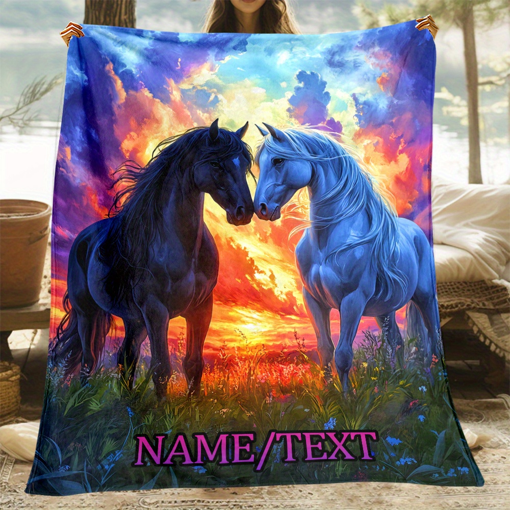 

Personalized Sunset & Horse Flannel Throw Blanket - Soft, Lightweight & For Couch, Bed, Travel & Office - Custom Name Gift Idea