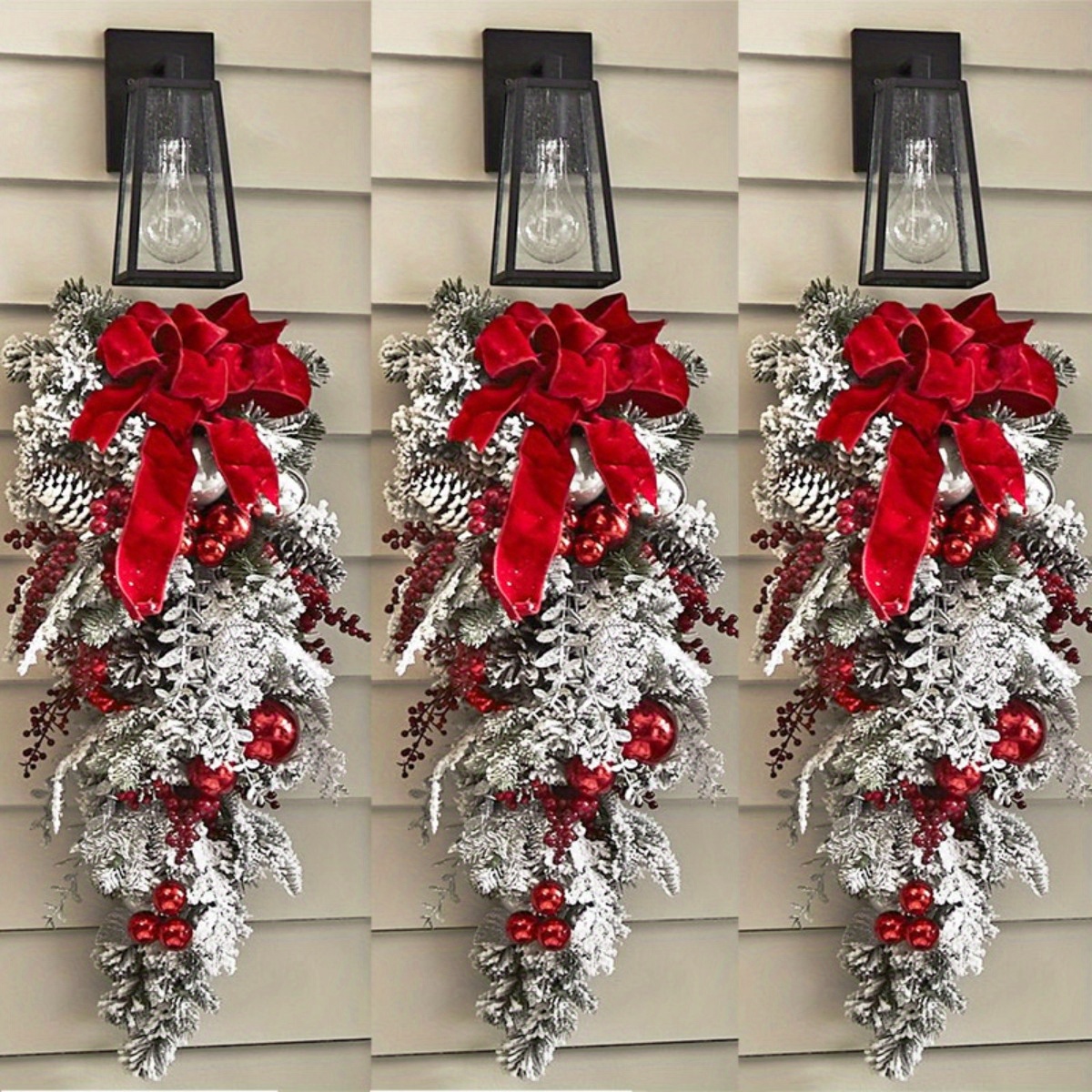 TEMU 3 Pcs Artifical Christmas Teardrop Wreath For Front Door, Christmas Garlands With Christmas Ball Pine Cone Rustic Christmas Wreaths, Garlands,