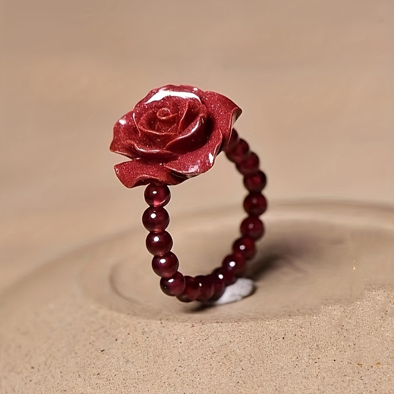 Handcrafted Natural Garnet Rose Beaded Ring