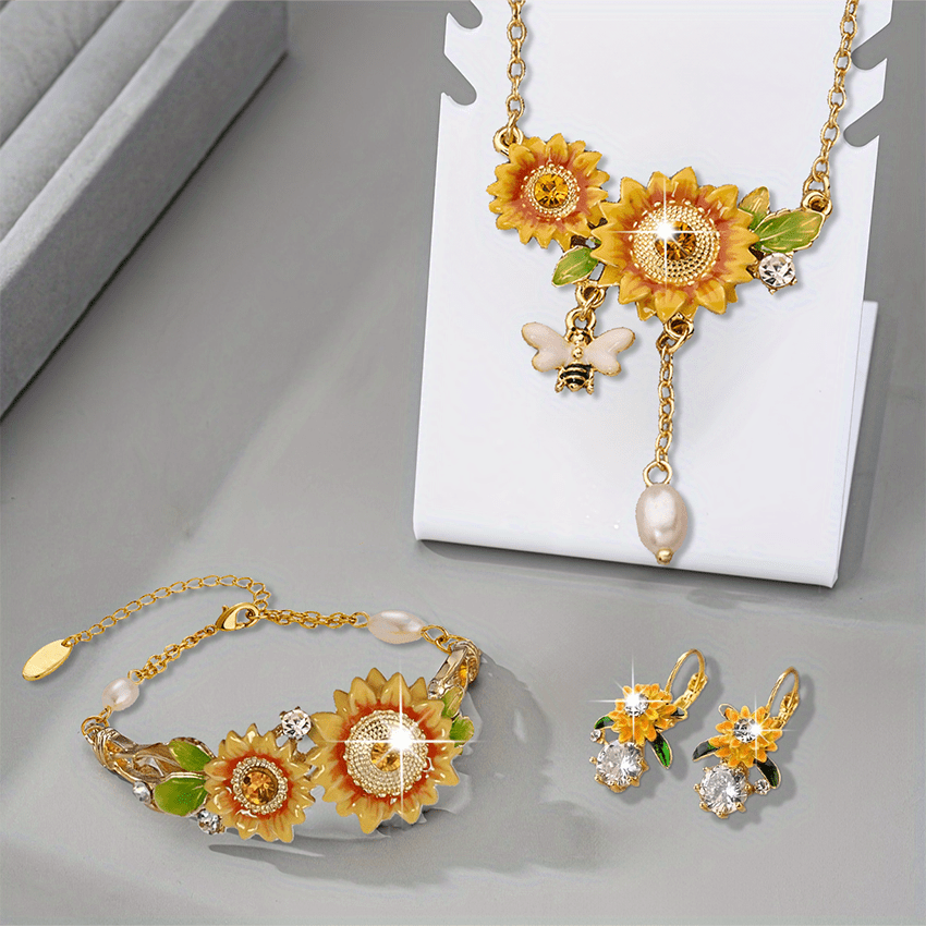 

Dainty Sunflower Jewelry Set - Vintage Style With Necklace, Bracelet, And Cz Earrings - Enamel With Rhinestones And Pearl - Casual Attire Or - A Thoughtful Gift For