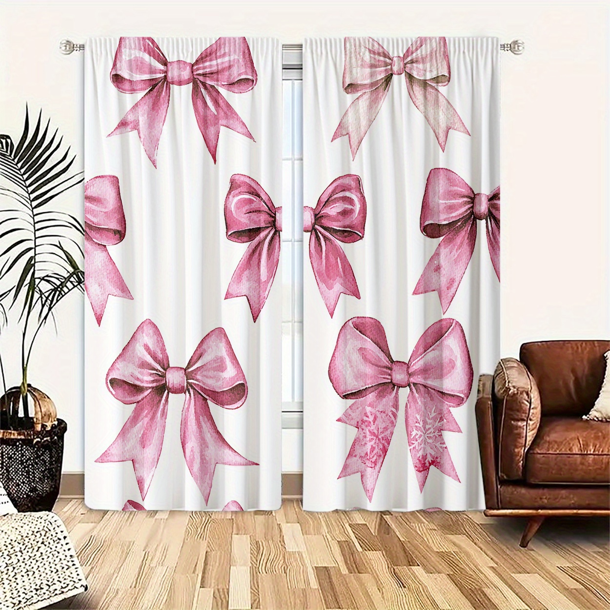 

2pcs, Polyester Material, Hd Digital Printing With Bow Pattern, Light Filtering Curtain, Suitable For Bedroom, Living Room, Office And Home Decoration, Pole , Suitable For Pole Installation