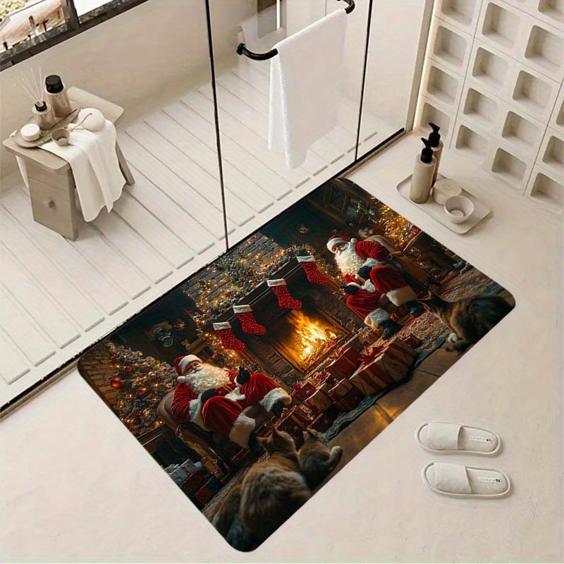 

1pc Christmas Santa & Cat Mat, 1.1cm , , , Stain-, , Washable, For Kitchen, , Porch, , Decor