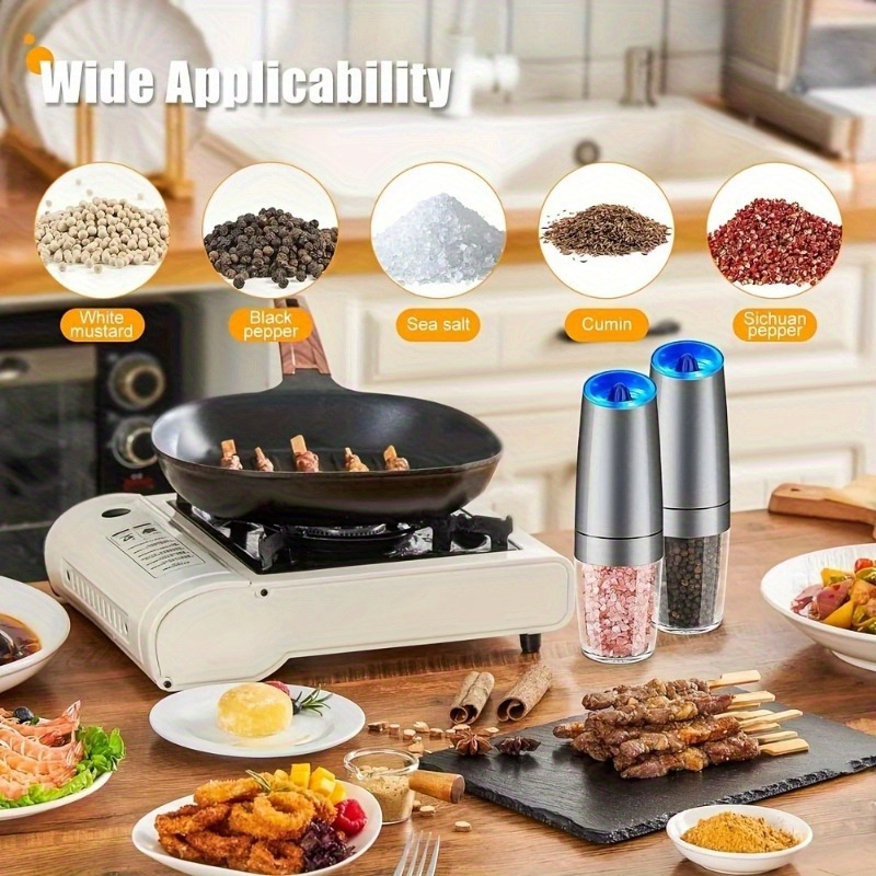 

2pcs/ Electric Salt And Pepper Grinder Set - Salt & Pepper Mill Sets With Adjustable Coarseness, Led Light, 1 Hand , Automatic And Battery-operated, And