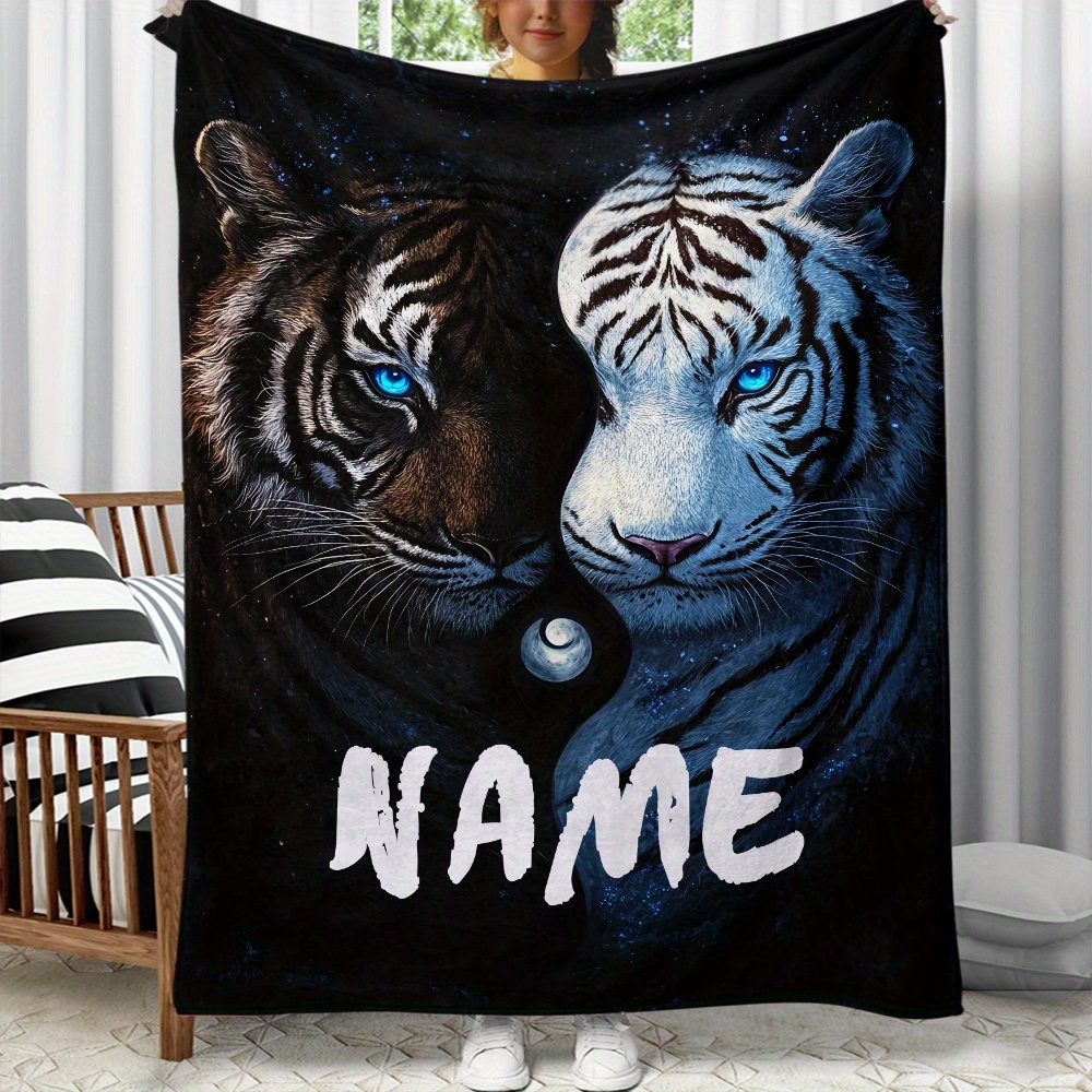 

1pc Customizable Black & Flannel Throw Blanket - Personalized Name , Soft Warm Polyester Fleece For Sofa, Bed, Travel, Camping, Living Room - Universal Holiday Gift, No Electricity Needed