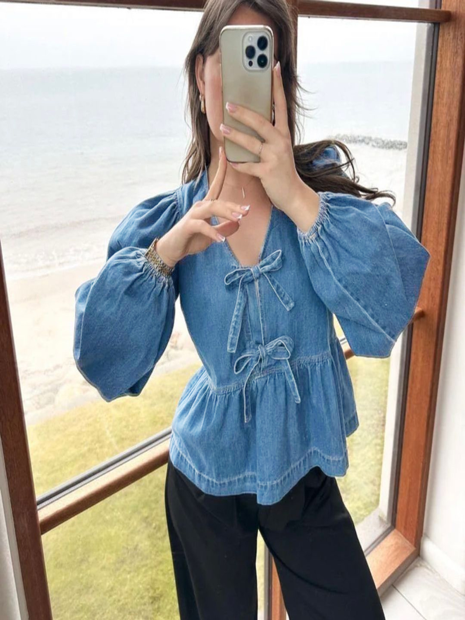 denim ruffle sleeve top