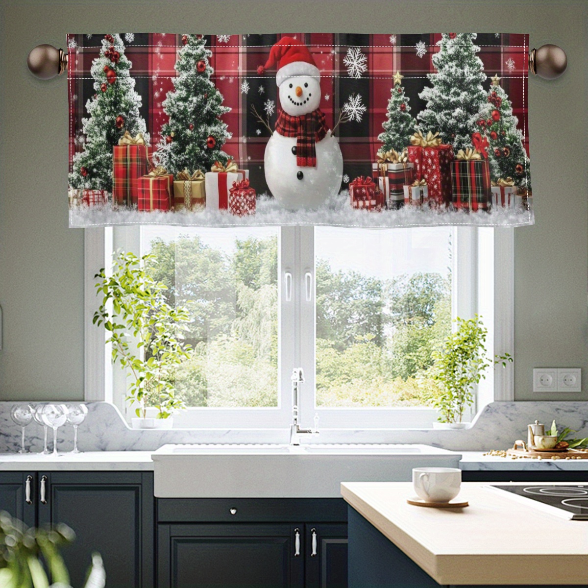 

1pc Snowman Check Christmas Tree , Christmas Valance Set, Christmas , Rod Curtains Valance For Bathroom Decor, Christmas