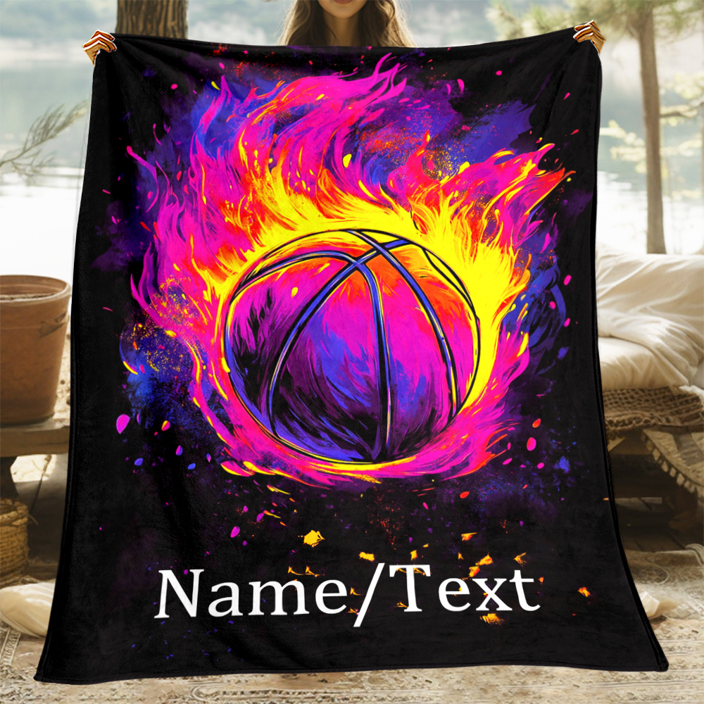 

Customizable Basketball Flame Design Flannel Throw Blanket - 1pc Personalized Name, Soft Polyester Fleece, No Feather, Electricity-free, Cozy For Couch, Sofa, Bed, Travel - Ideal Gift For