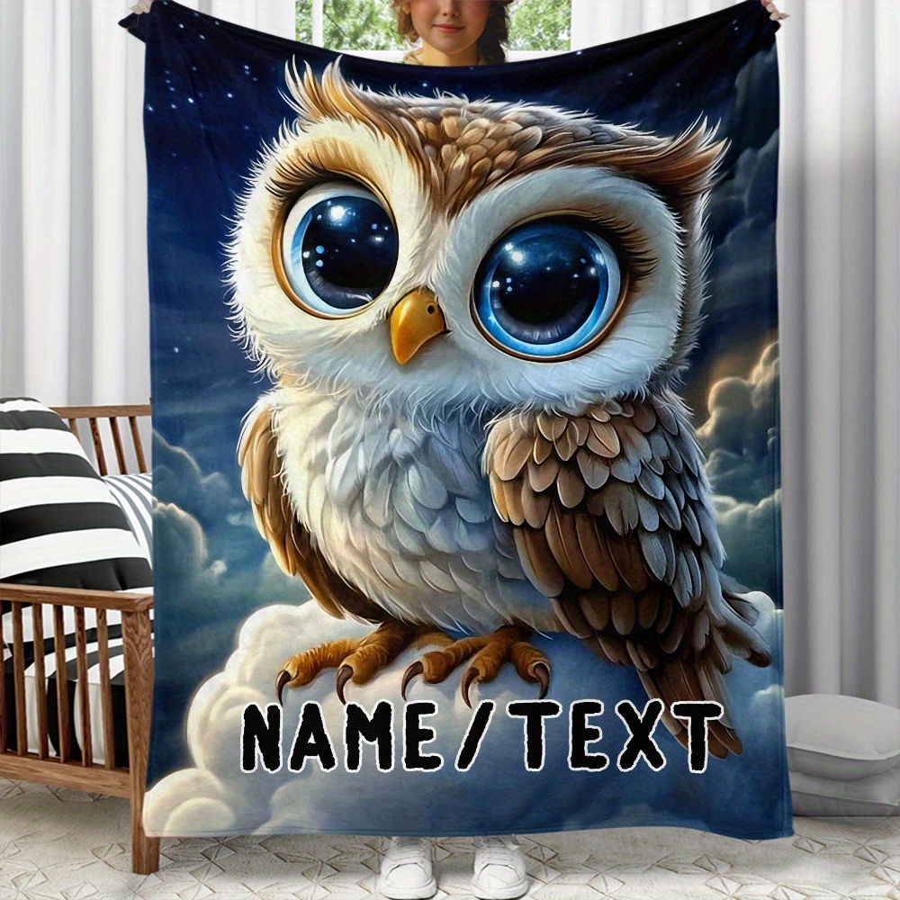 TEMU [customizable] 1pc Cute Big- Owl Personalization Custom Name Portable Blanket - Lightweight Flannel Throw For Sofa, Bed, Travel, Camping, Living