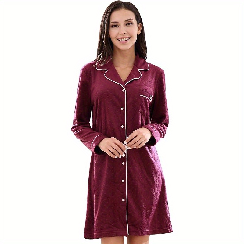 

Women's Fleece Nightdress, Long Sleeve, Bow , Dot