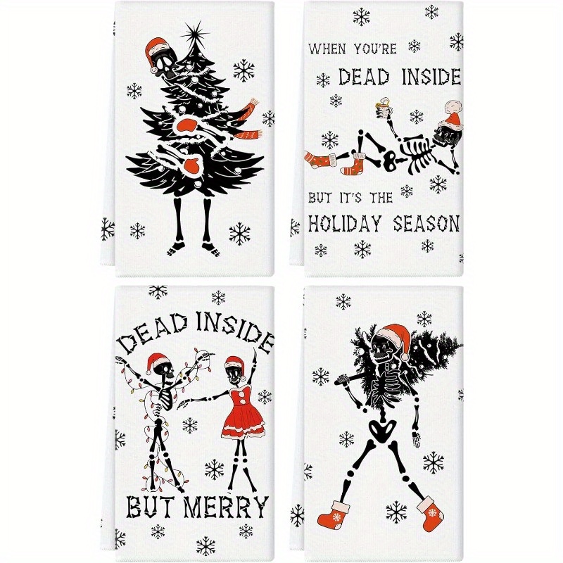 TEMU 4pcs Gothic Christmas Kitchen Towels – Funny & Skeleton , 18x26 Inch, Soft Polyester Dish Towels For Festive Winter Home Decor, Machine Washable, Dish Towels For Kitchen,
